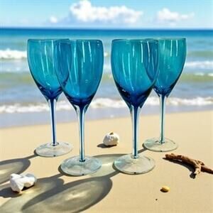 Set of 5 Blue Wine Glasses-Hand Blown Stemware-Coastal Beach Goblets-Vintage